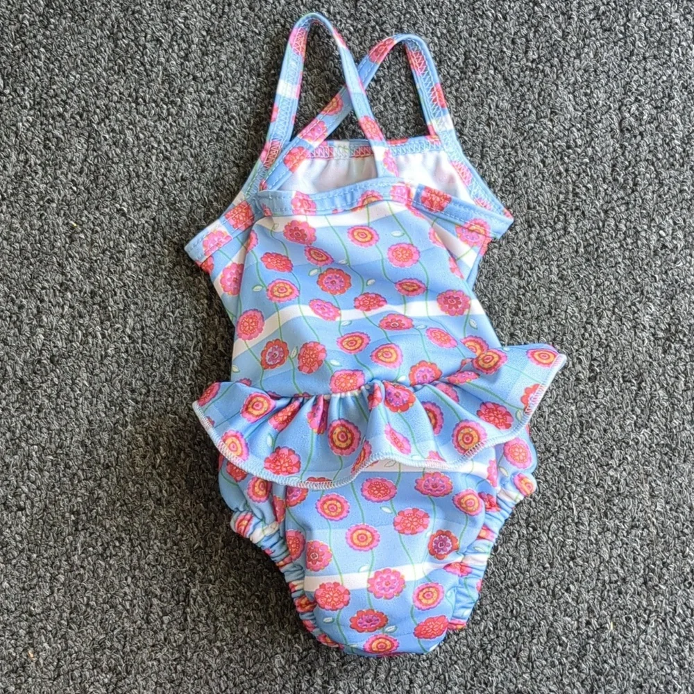 6M Striped Floral I Play One Piece Baby Swimsuit With Built-In Swim Diaper